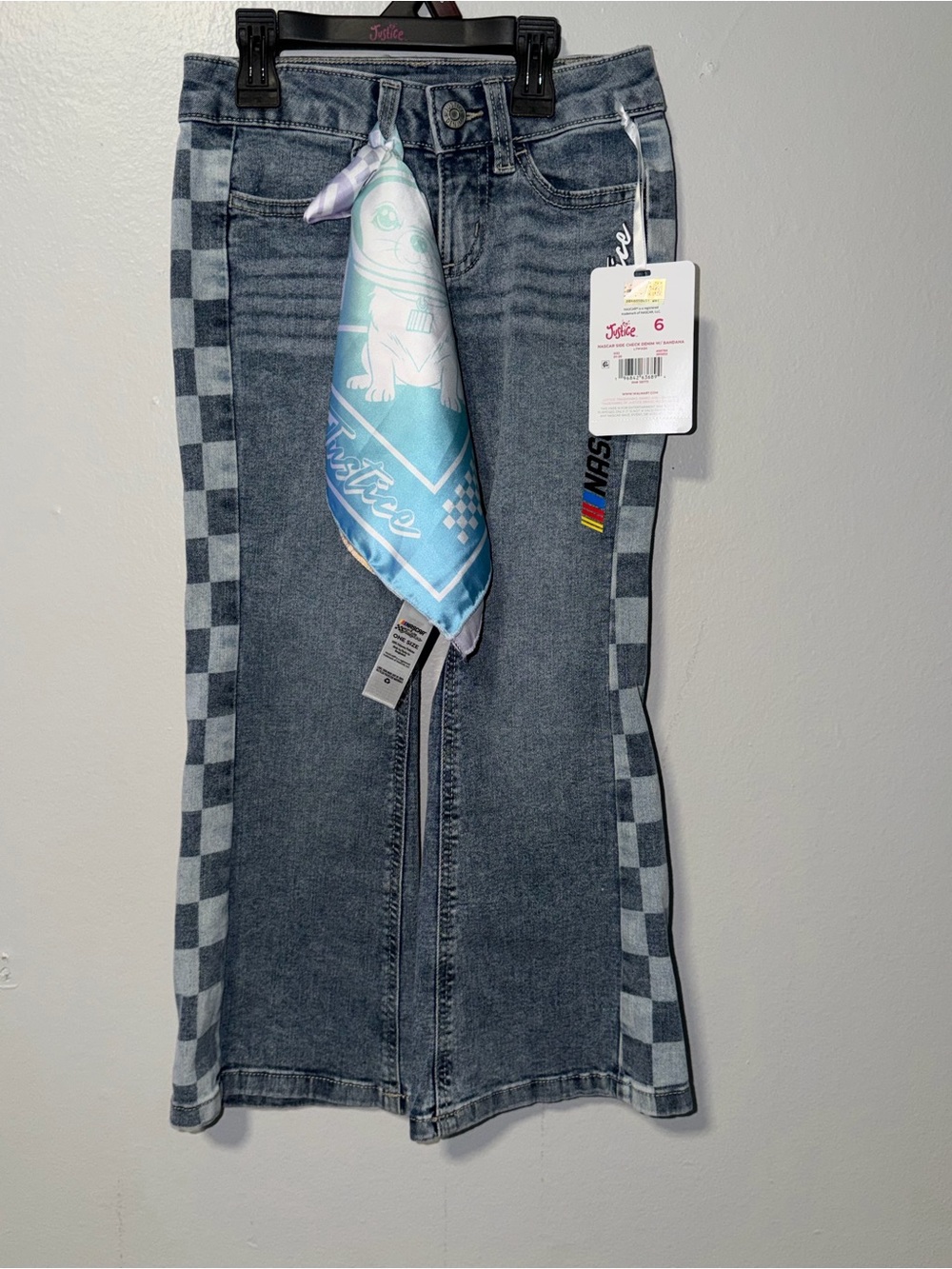 Justice Girls' Gray Checker-Trim Flare Denim Skirt with Blue Scarf Accent